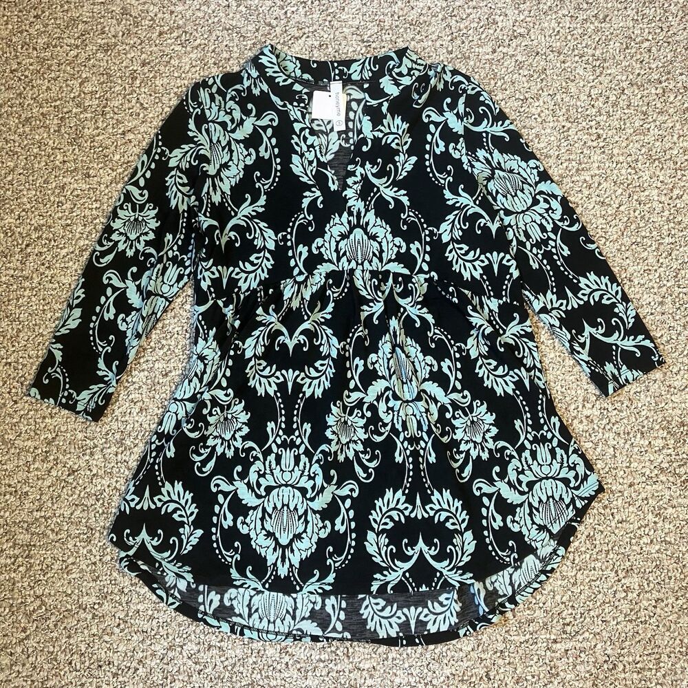 Honeyme Womens Damask Oversized Top Size S-M Babydoll Hippie Boho NWOT Blue Blck
